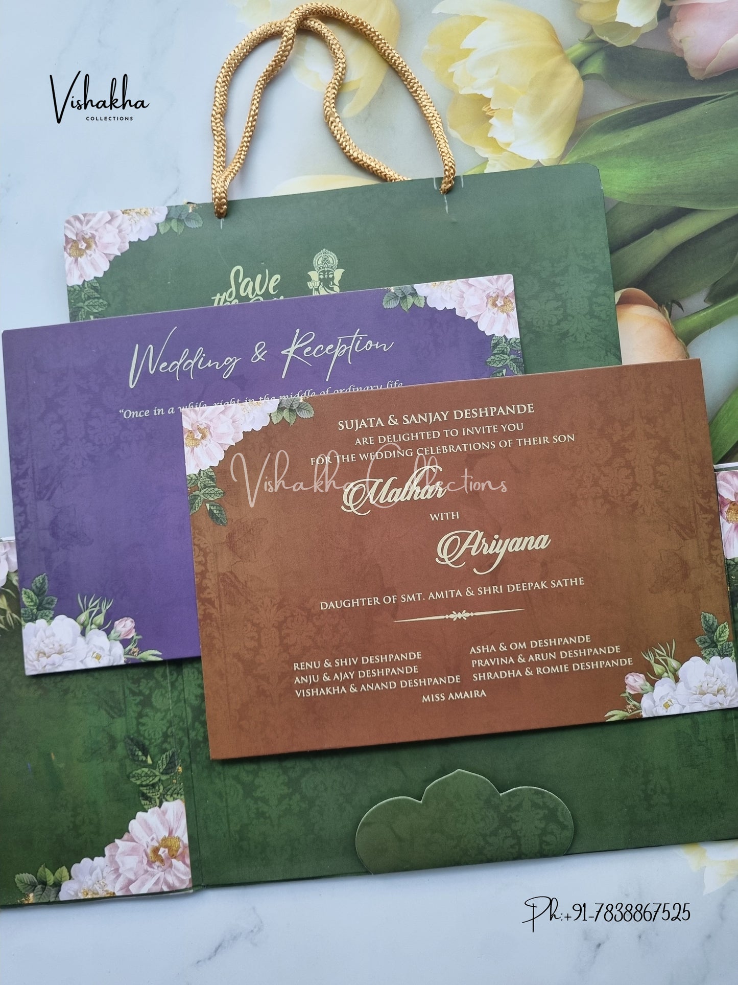 Flower Double Door Hindu Muslim Christian Sikh Padded Carry Bag invitation Cards VN-655