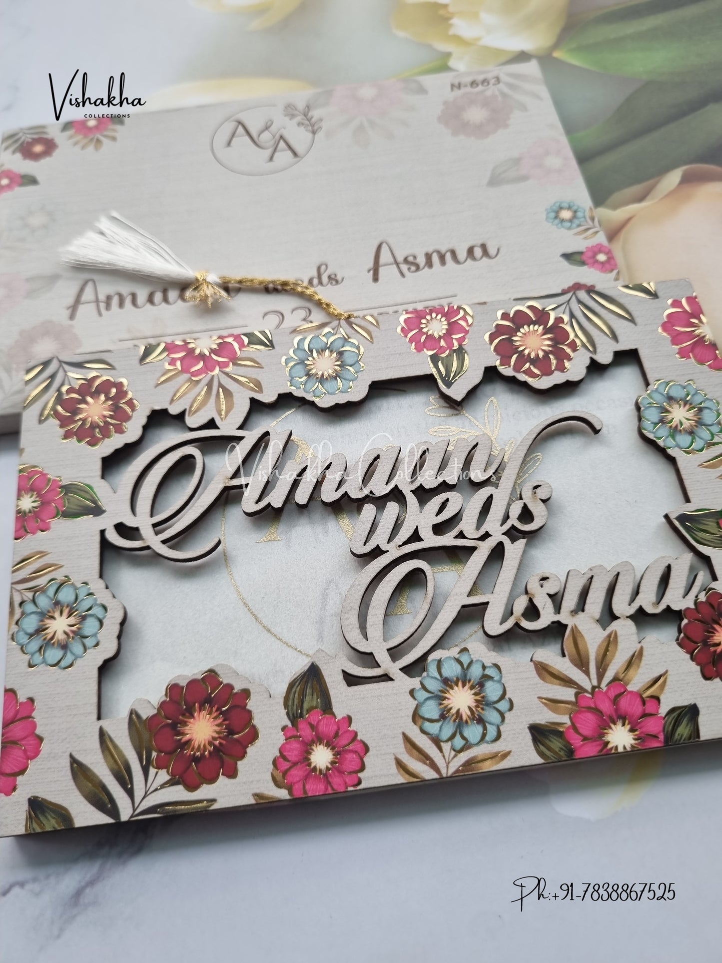 Flower Hindu Muslim Christian Sikh MDF Board Laser Cut Named MDF Laser Cut invitation Cards VN-663