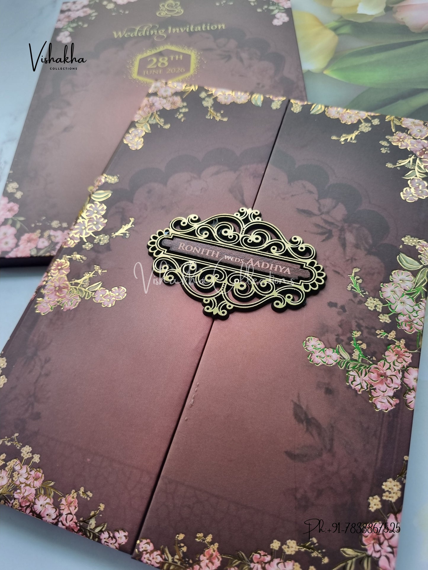 Flower Double Door Hindu Muslim Christian Sikh Padded invitation Cards VN-683