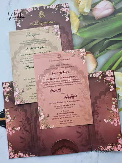 Flower Double Door Hindu Muslim Christian Sikh Padded invitation Cards VN-683