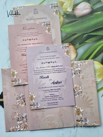 Flower Double Door Hindu Muslim Christian Sikh Padded invitation Cards VN-684