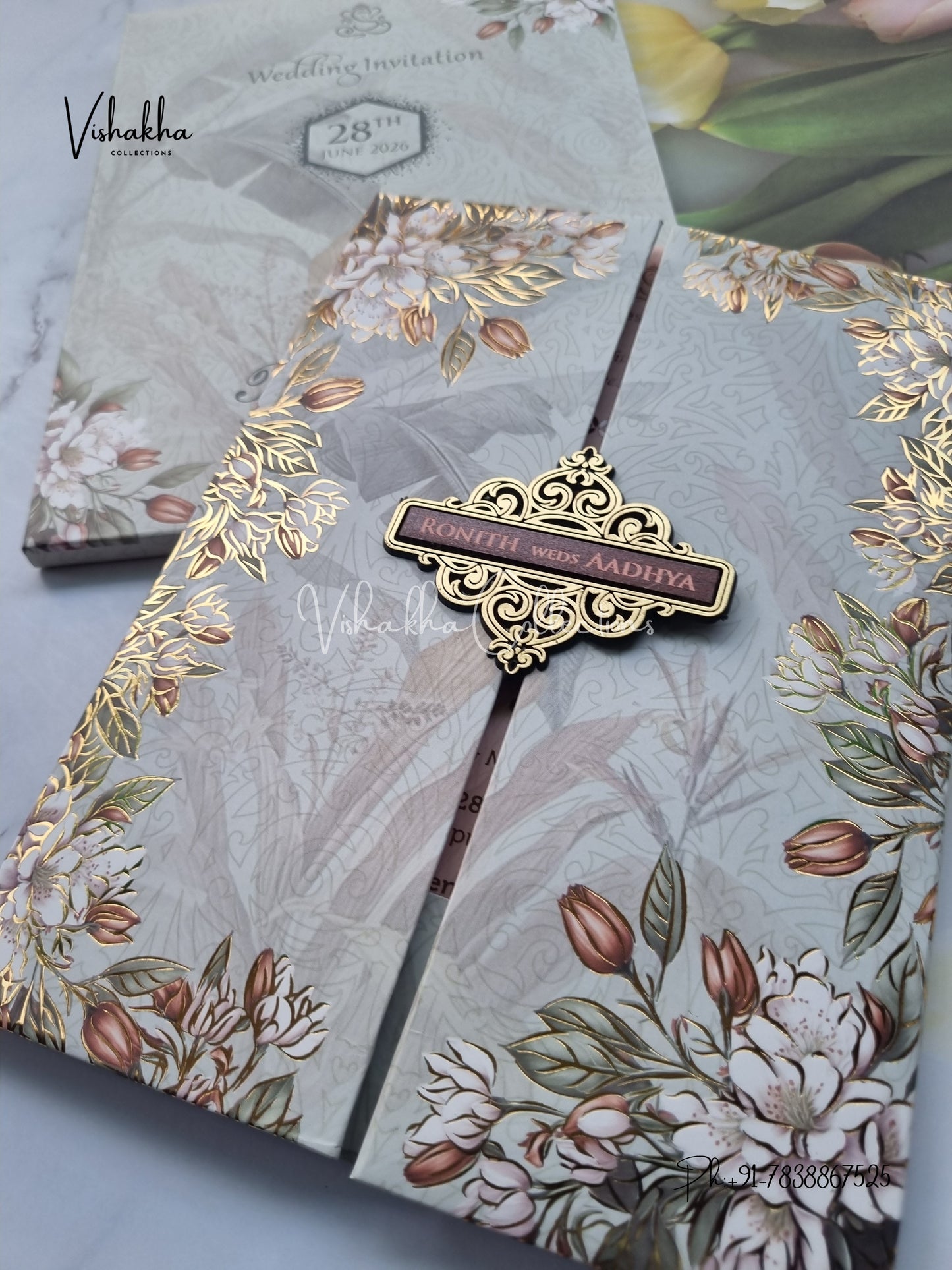 Flower Double Door Hindu Muslim Christian Sikh Padded invitation Cards VN-685