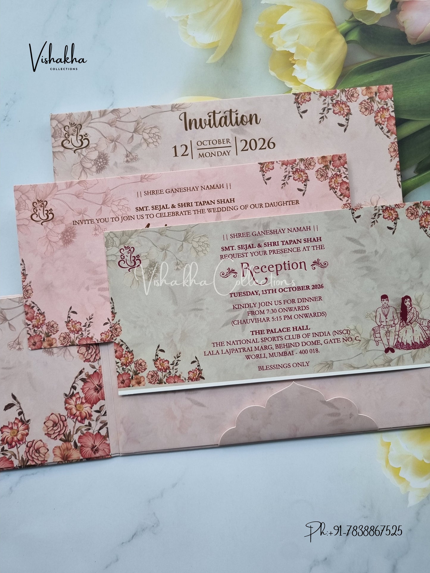 Flower Hindu Muslim Christian Sikh Padded invitation Cards VN-687