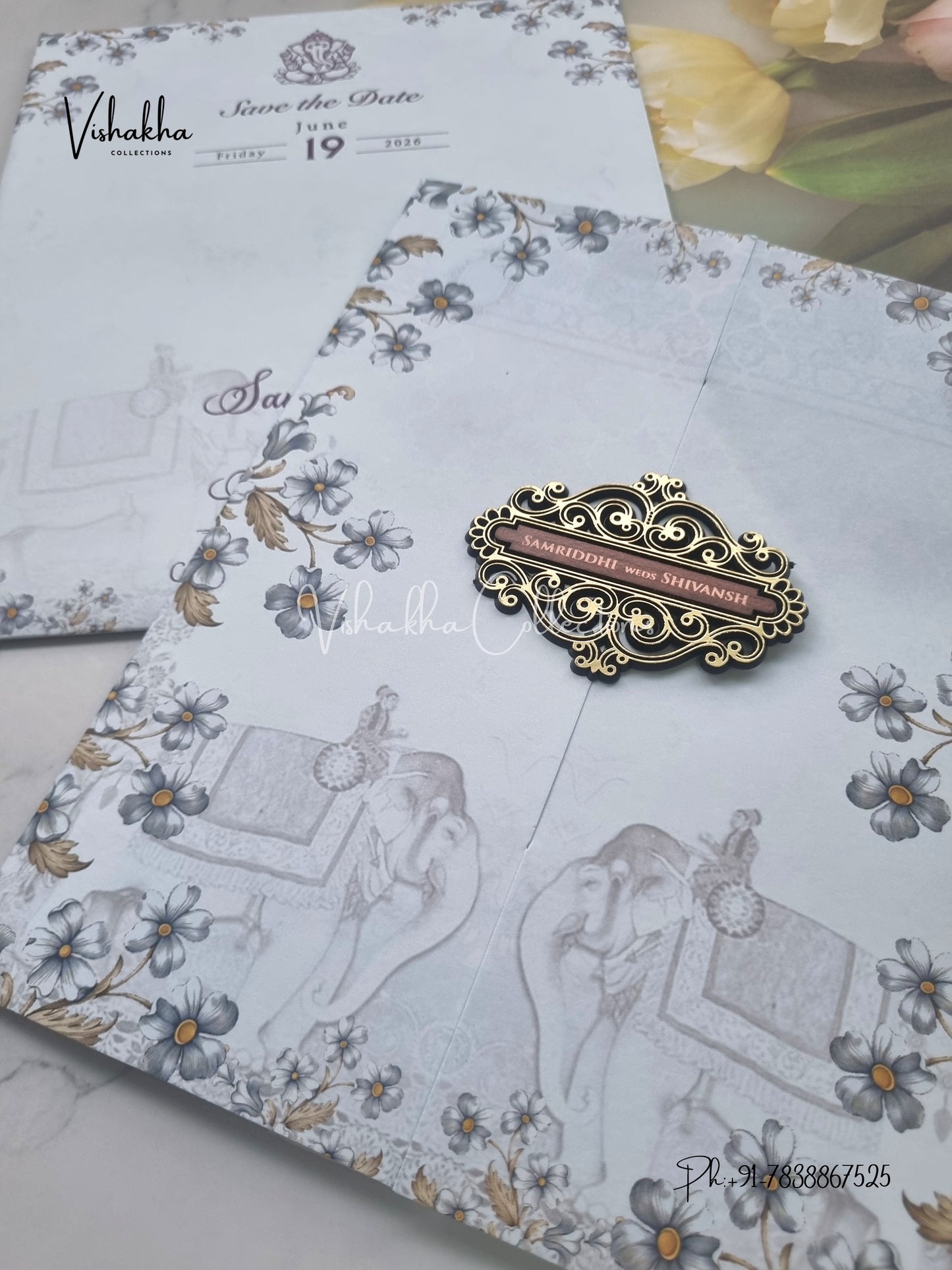 Hathi Double Door Hindu Sikh invitation Cards VN-695