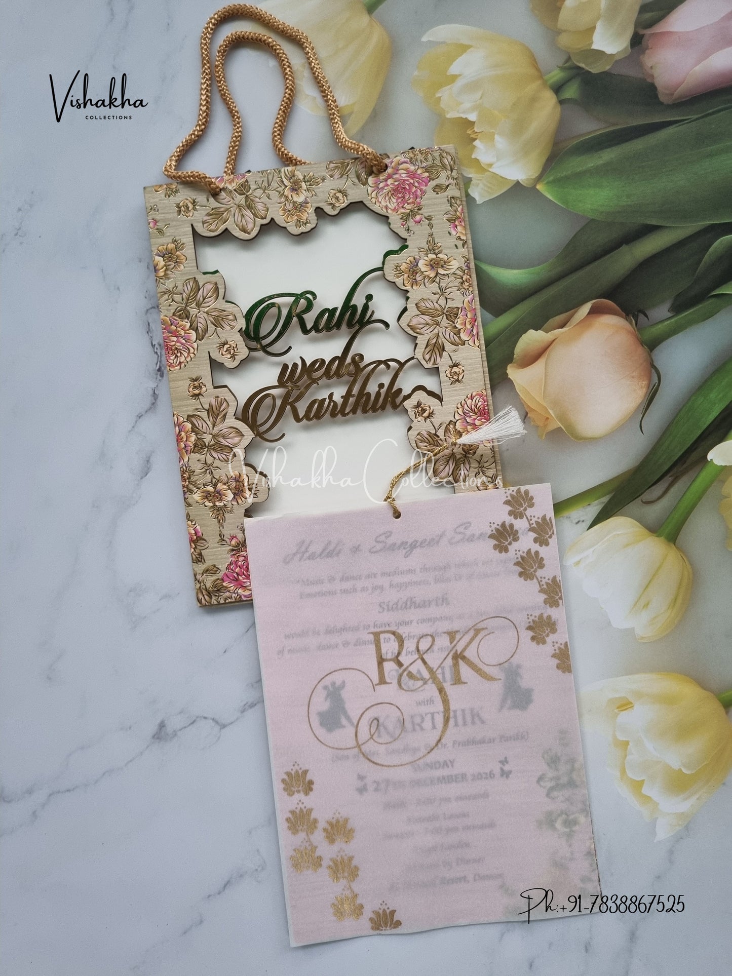 Flower Hindu Muslim Christian Sikh MDF Board Laser Cut Named MDF Laser Cut Carry Bag invitation Cards VN-702