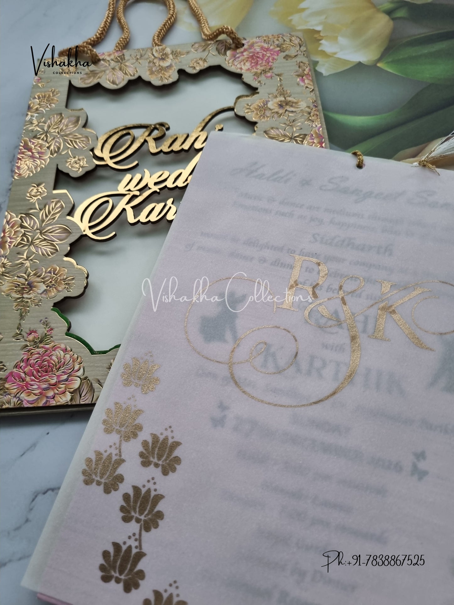 Flower Hindu Muslim Christian Sikh MDF Board Laser Cut Named MDF Laser Cut Carry Bag invitation Cards VN-702