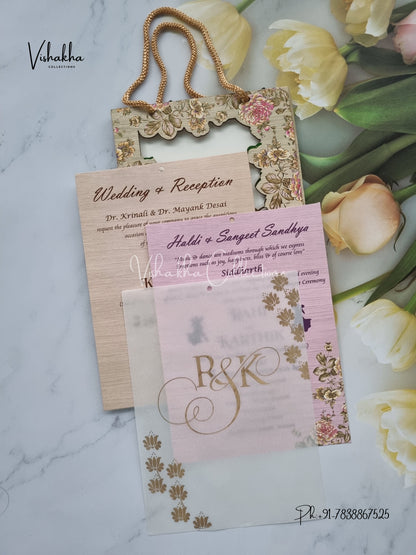 Flower Hindu Muslim Christian Sikh MDF Board Laser Cut Named MDF Laser Cut Carry Bag invitation Cards VN-702