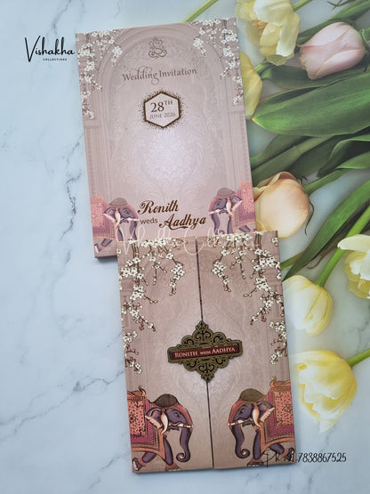 Hathi Double Door Hindu Sikh Padded invitation Cards VN-705