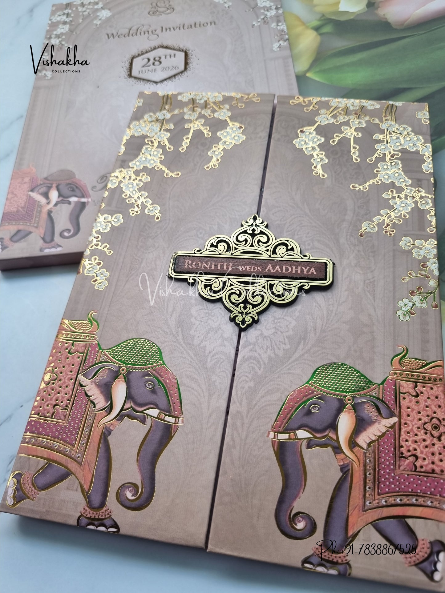 Hathi Double Door Hindu Sikh Padded invitation Cards VN-705