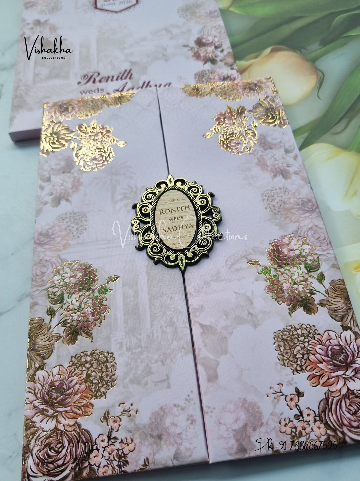 Flower Double Door Hindu Muslim Christian Sikh Padded invitation Cards VN-706