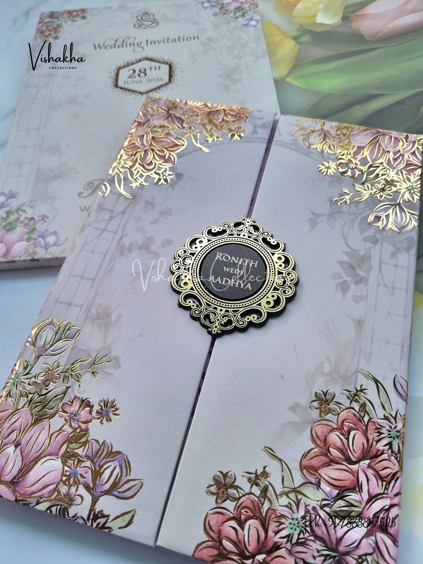 Flower Double Door Hindu Muslim Christian Sikh Padded invitation Cards VN-707