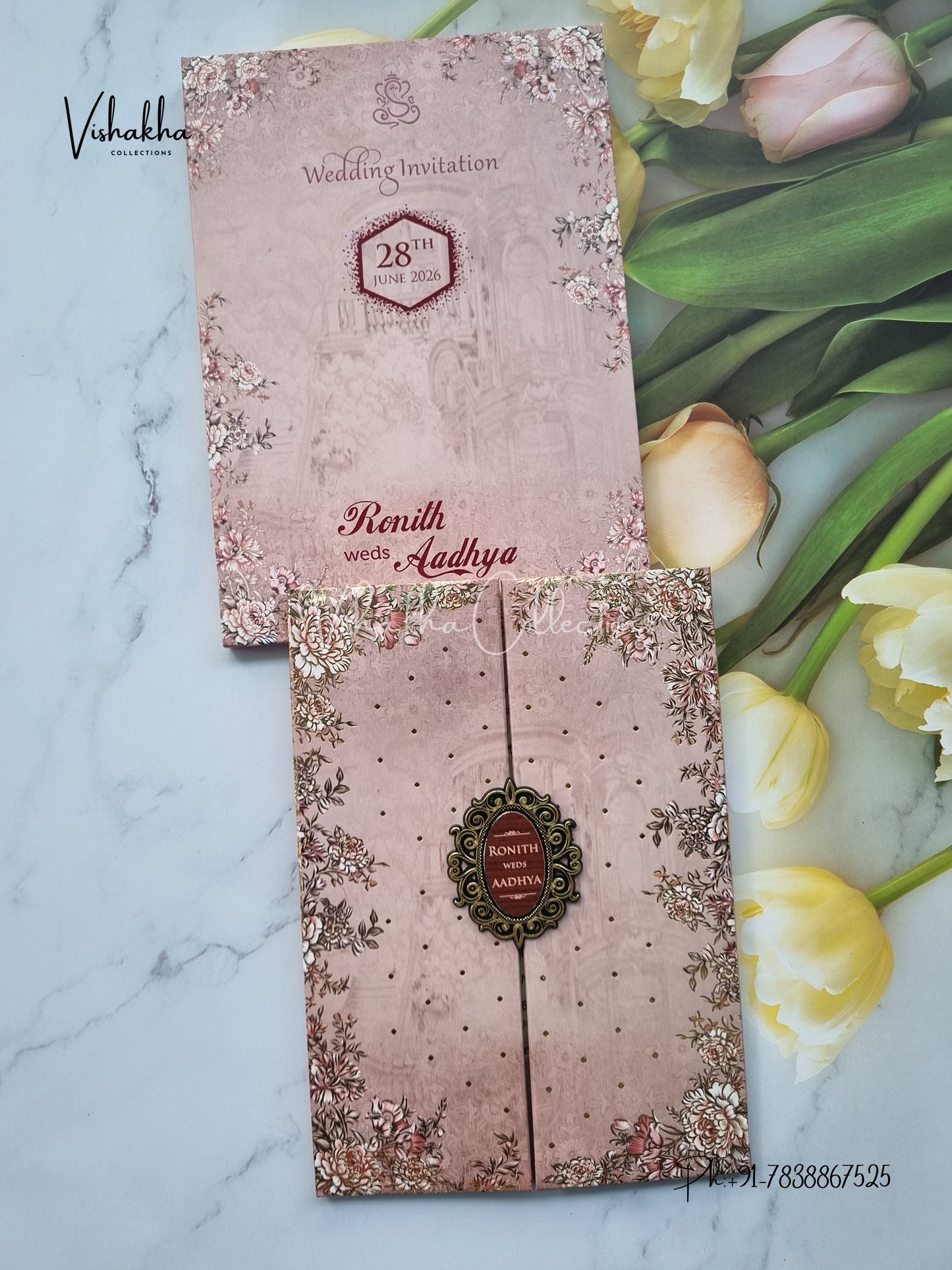 Flower Double Door Hindu Muslim Christian Sikh Padded invitation Cards VN-708