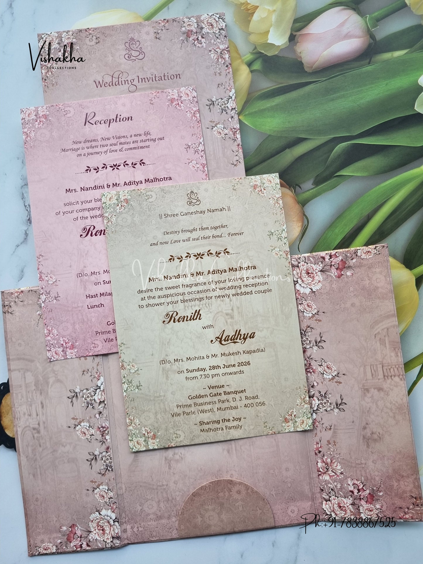 Flower Double Door Hindu Muslim Christian Sikh Padded invitation Cards VN-708