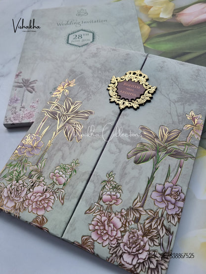 Flower Double Door Hindu Muslim Christian Sikh Padded invitation Cards VN-709
