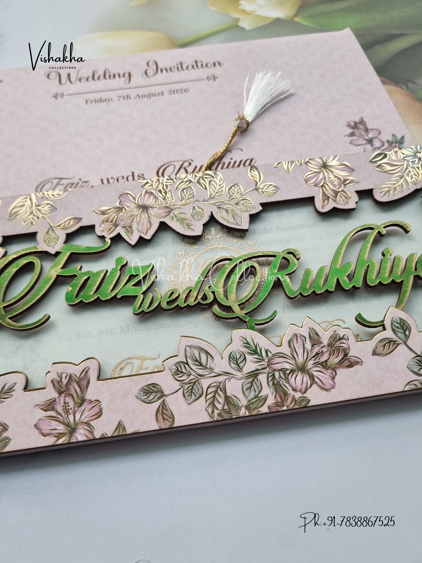 Flower Hindu Muslim Christian Sikh MDF Board Laser Cut Named MDF Laser Cut invitation Cards VN-714