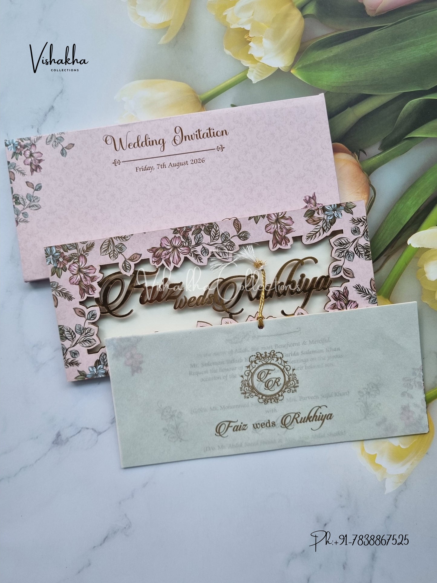 Flower Hindu Muslim Christian Sikh MDF Board Laser Cut Named MDF Laser Cut invitation Cards VN-714