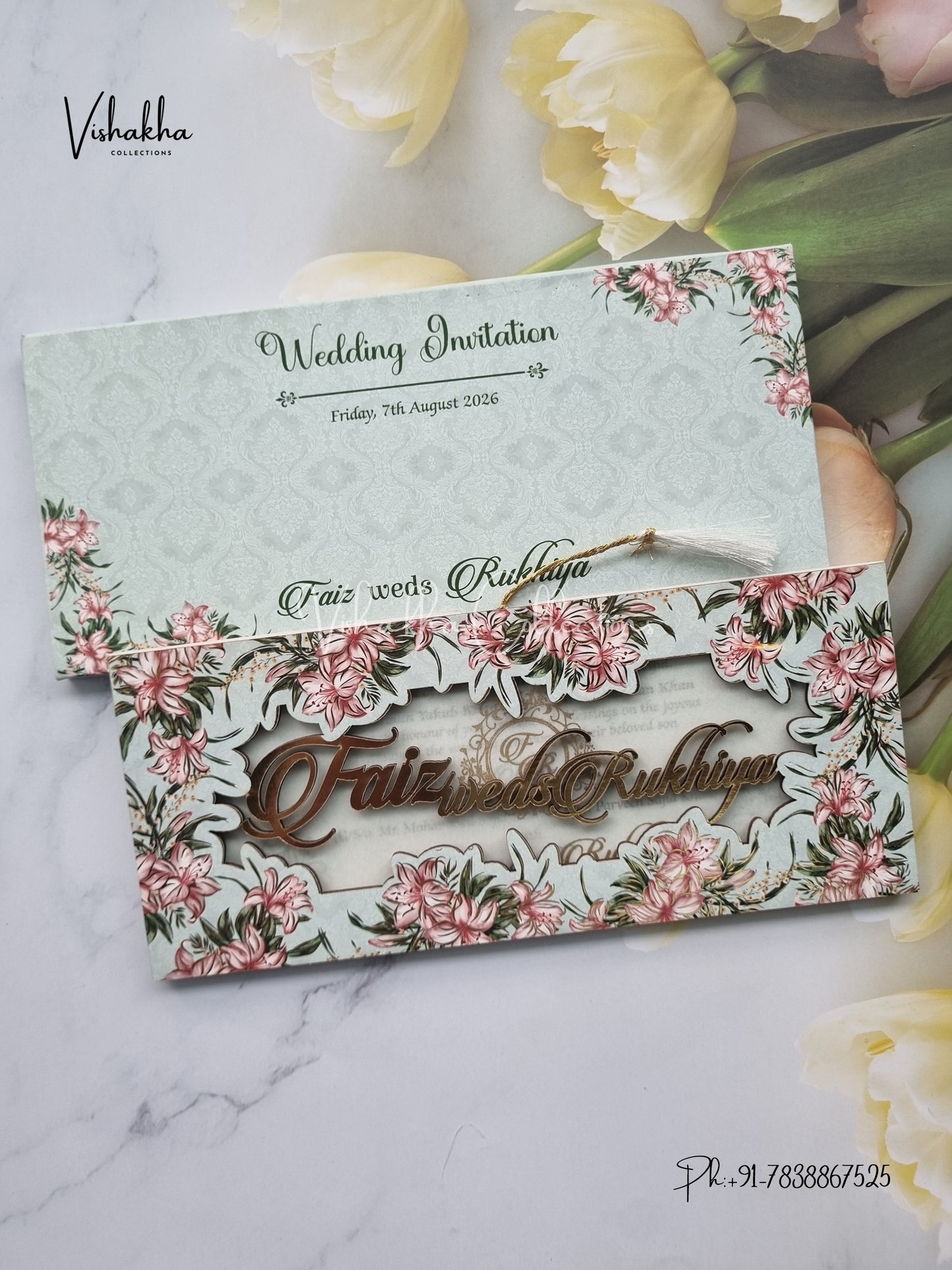 Flower Hindu Muslim Christian Sikh MDF Board Laser Cut Named MDF Laser Cut invitation Cards VN-715