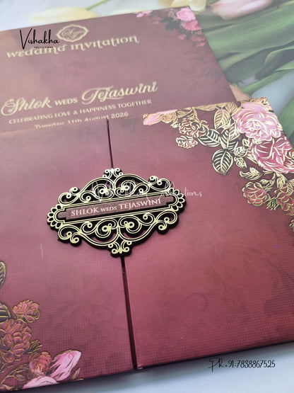 Flower Double Door Hindu Muslim Christian Sikh Padded invitation Cards VN-716