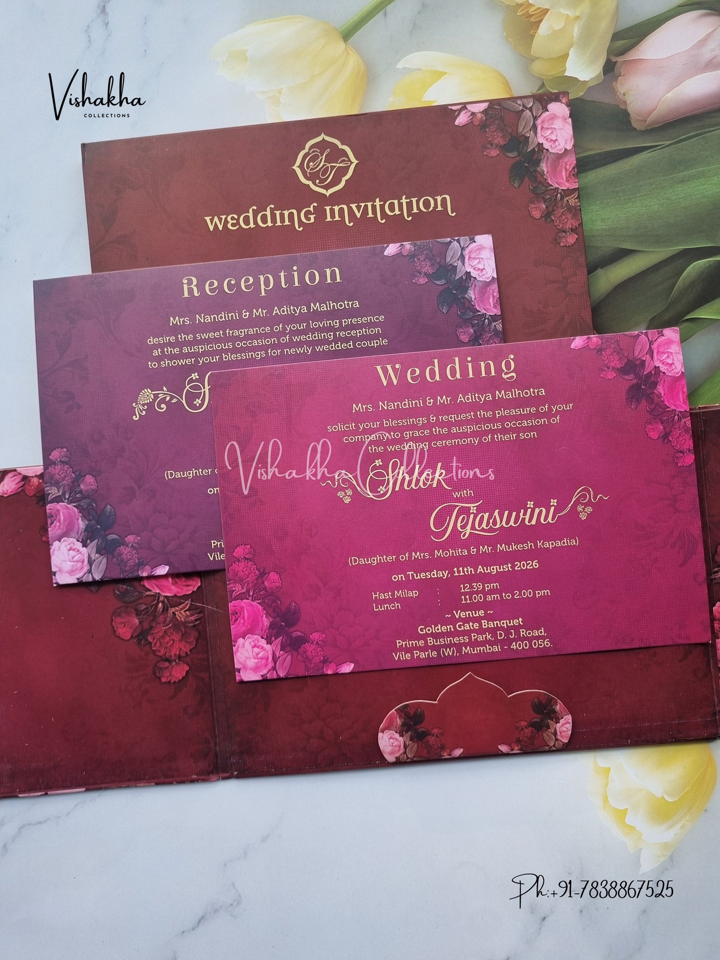 Flower Double Door Hindu Muslim Christian Sikh Padded invitation Cards VN-716