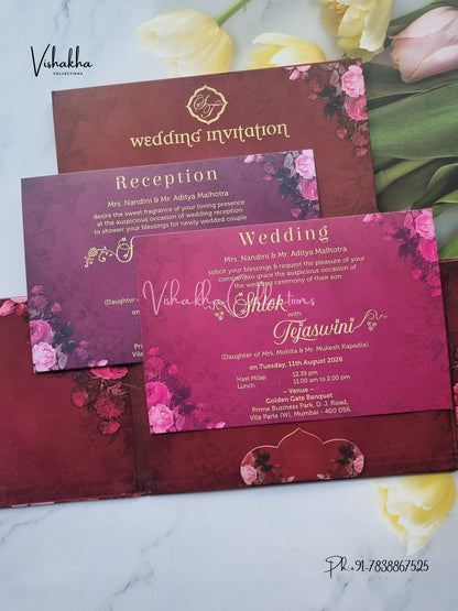 Flower Double Door Hindu Muslim Christian Sikh Padded invitation Cards VN-716