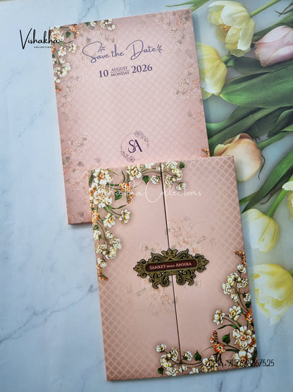 Flower Double Door Hindu Muslim Christian Sikh Padded invitation Cards VN-721