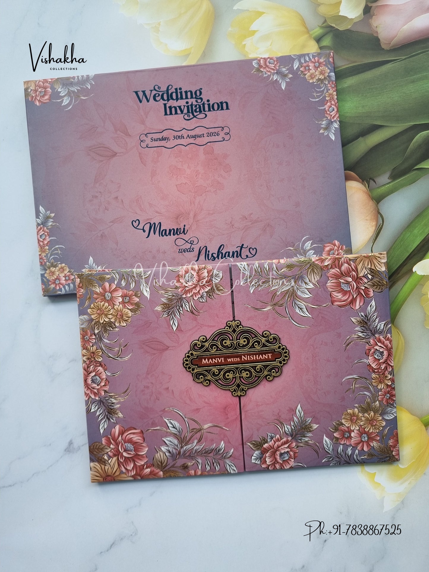 Flower Double Door Hindu Muslim Christian Sikh Padded invitation Cards VN-732