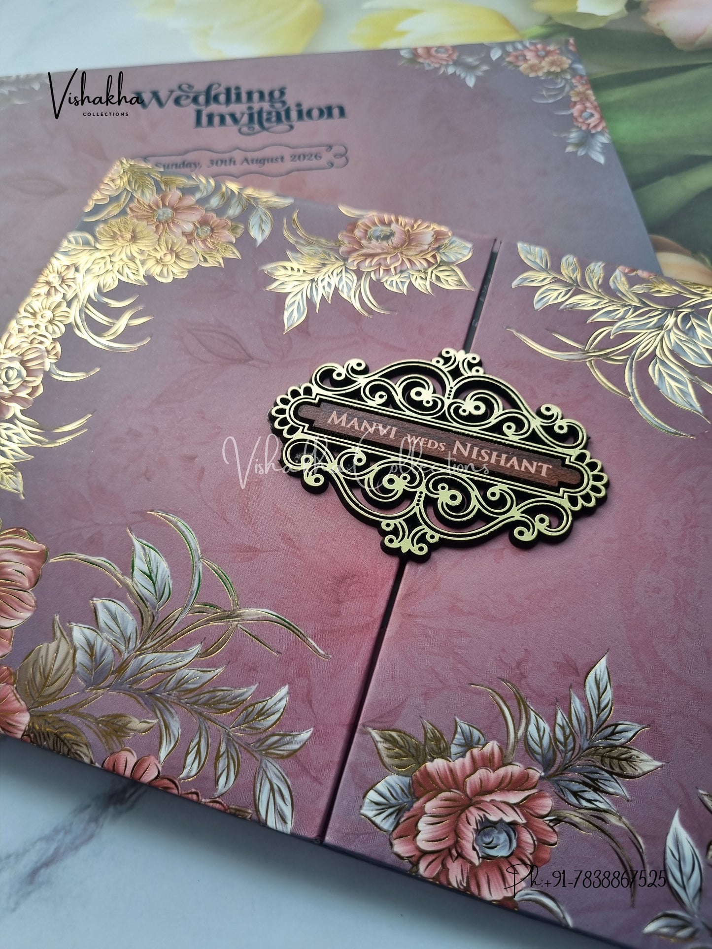 Flower Double Door Hindu Muslim Christian Sikh Padded invitation Cards VN-732