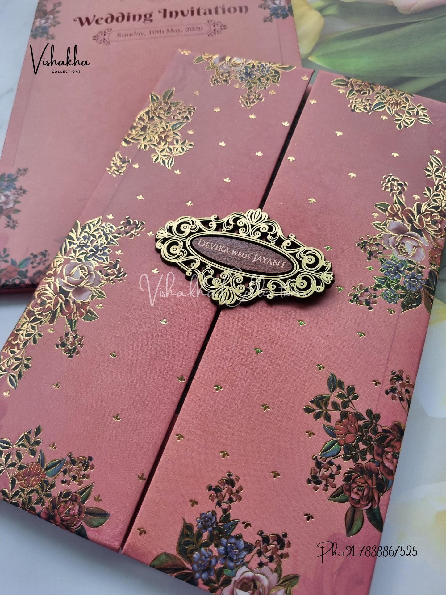 Flower Double Door Hindu Muslim Christian Sikh Padded invitation Cards VN-734