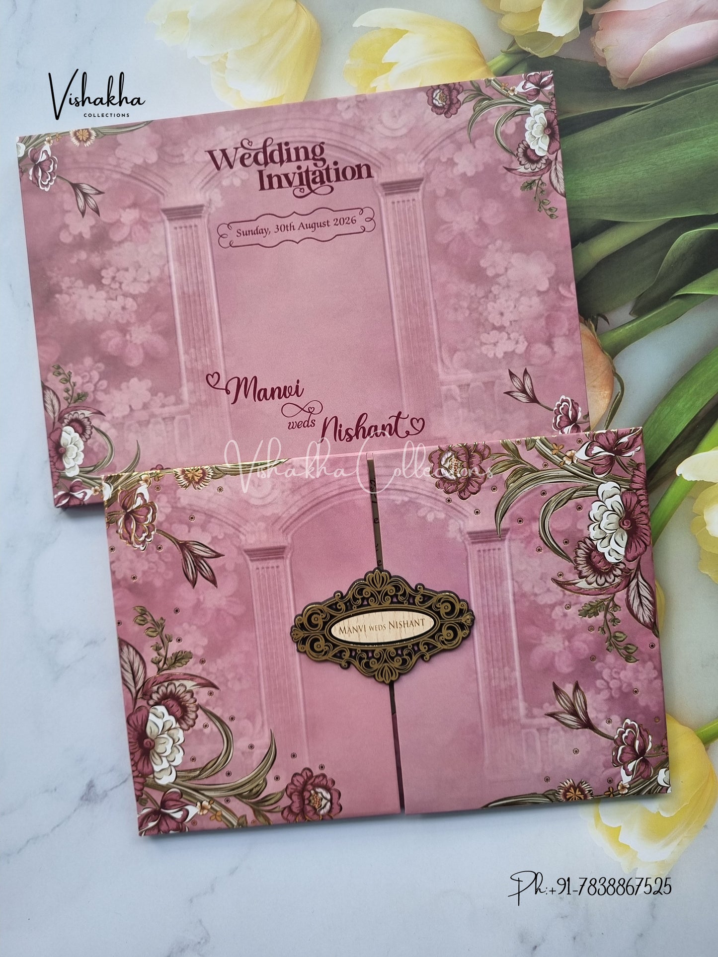 Flower Double Door Hindu Muslim Christian Sikh Padded invitation Cards VN-736