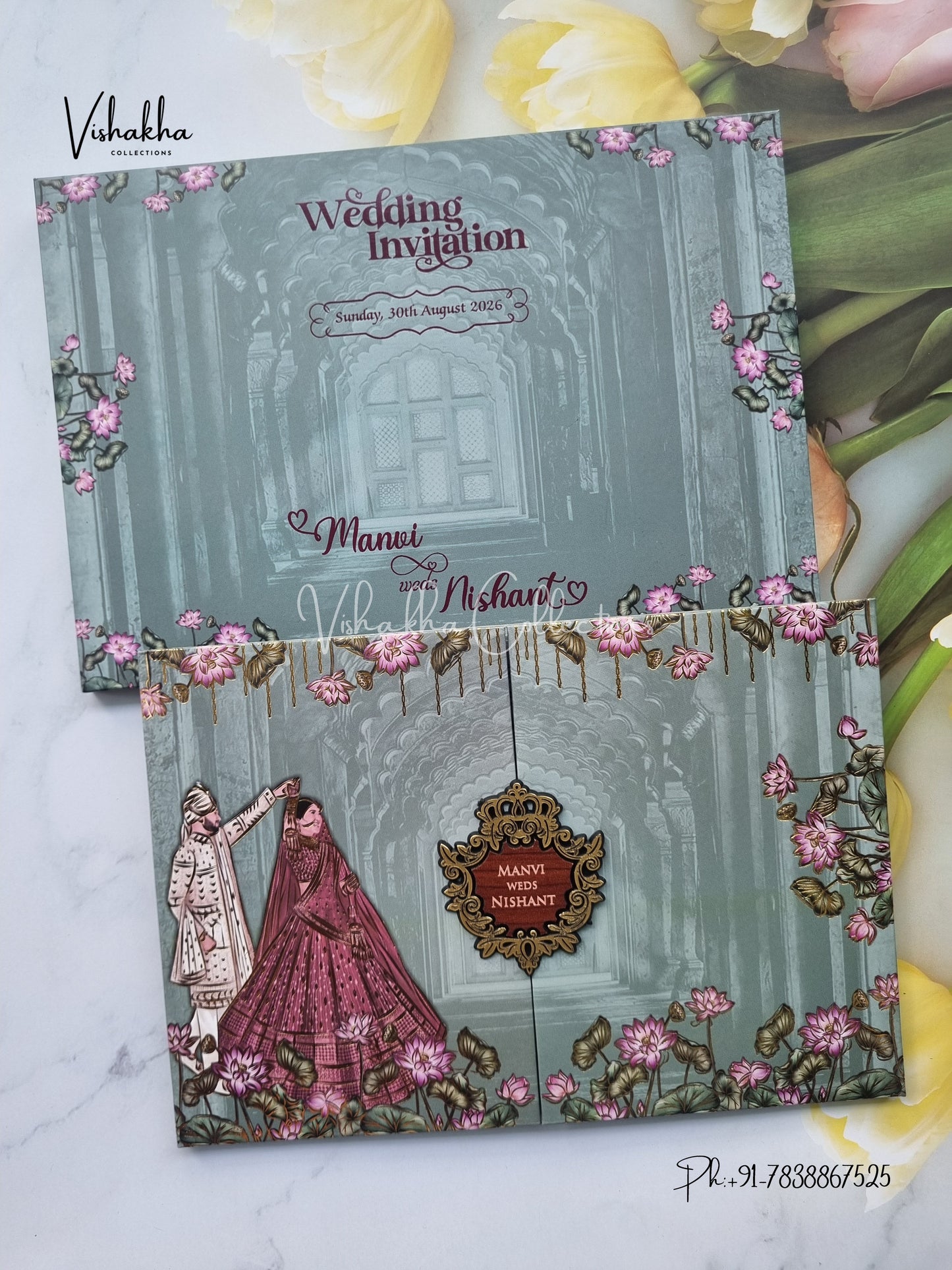 Lotus Dulah Dulhan Flower Double Door Hindu Sikh Padded invitation Cards VN-737