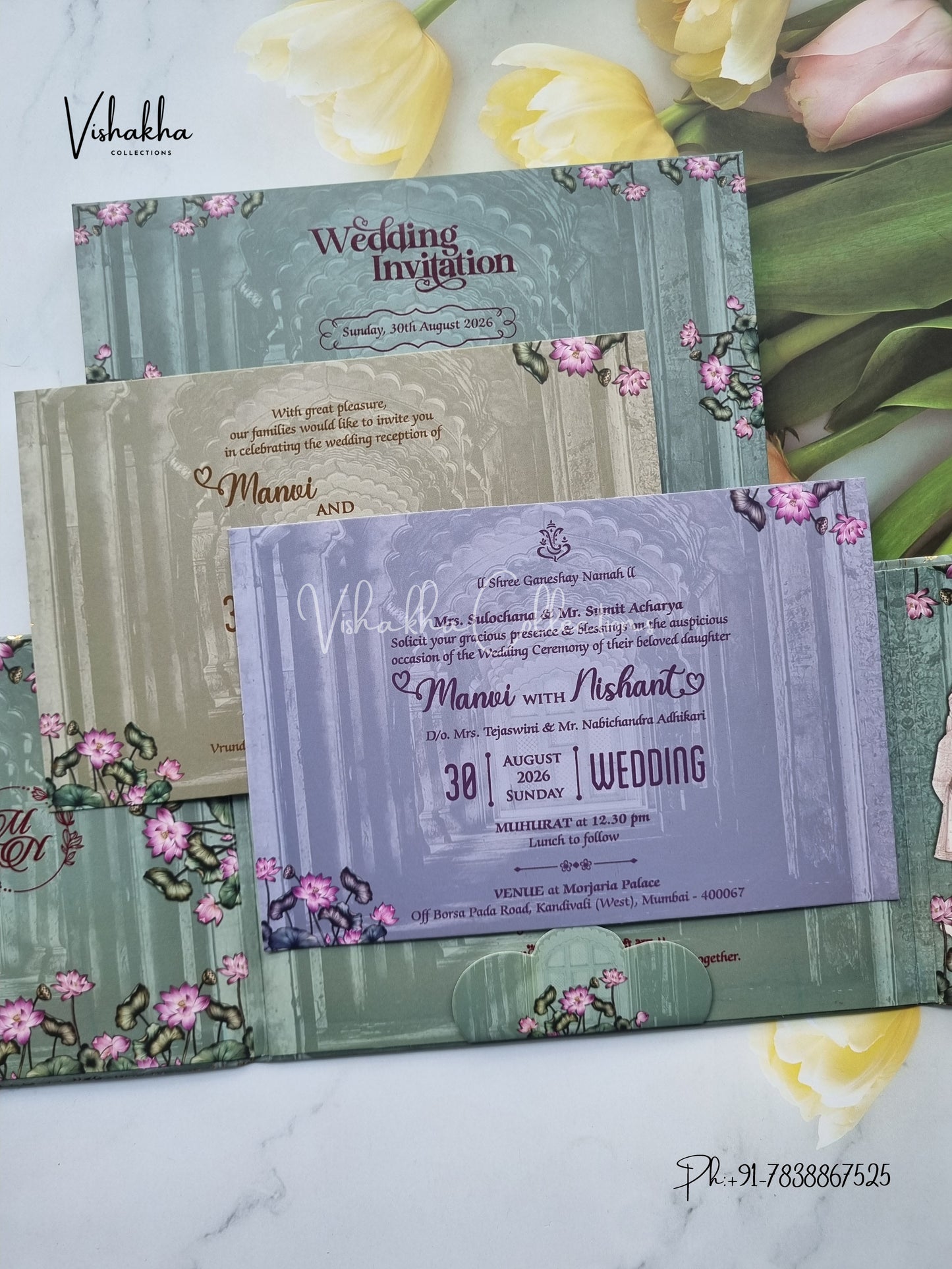 Lotus Dulah Dulhan Flower Double Door Hindu Sikh Padded invitation Cards VN-737