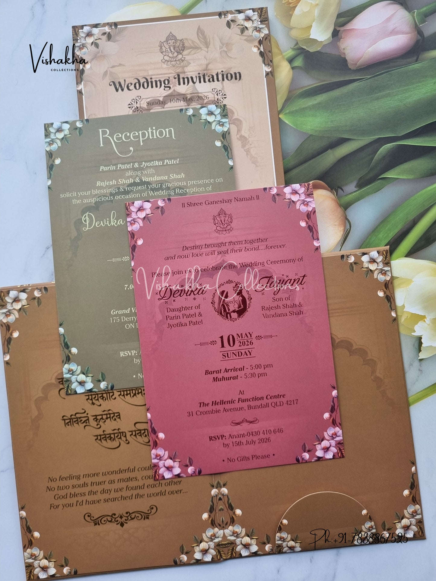 Flower Hindu Muslim Christian Sikh Padded invitation Cards VN-739