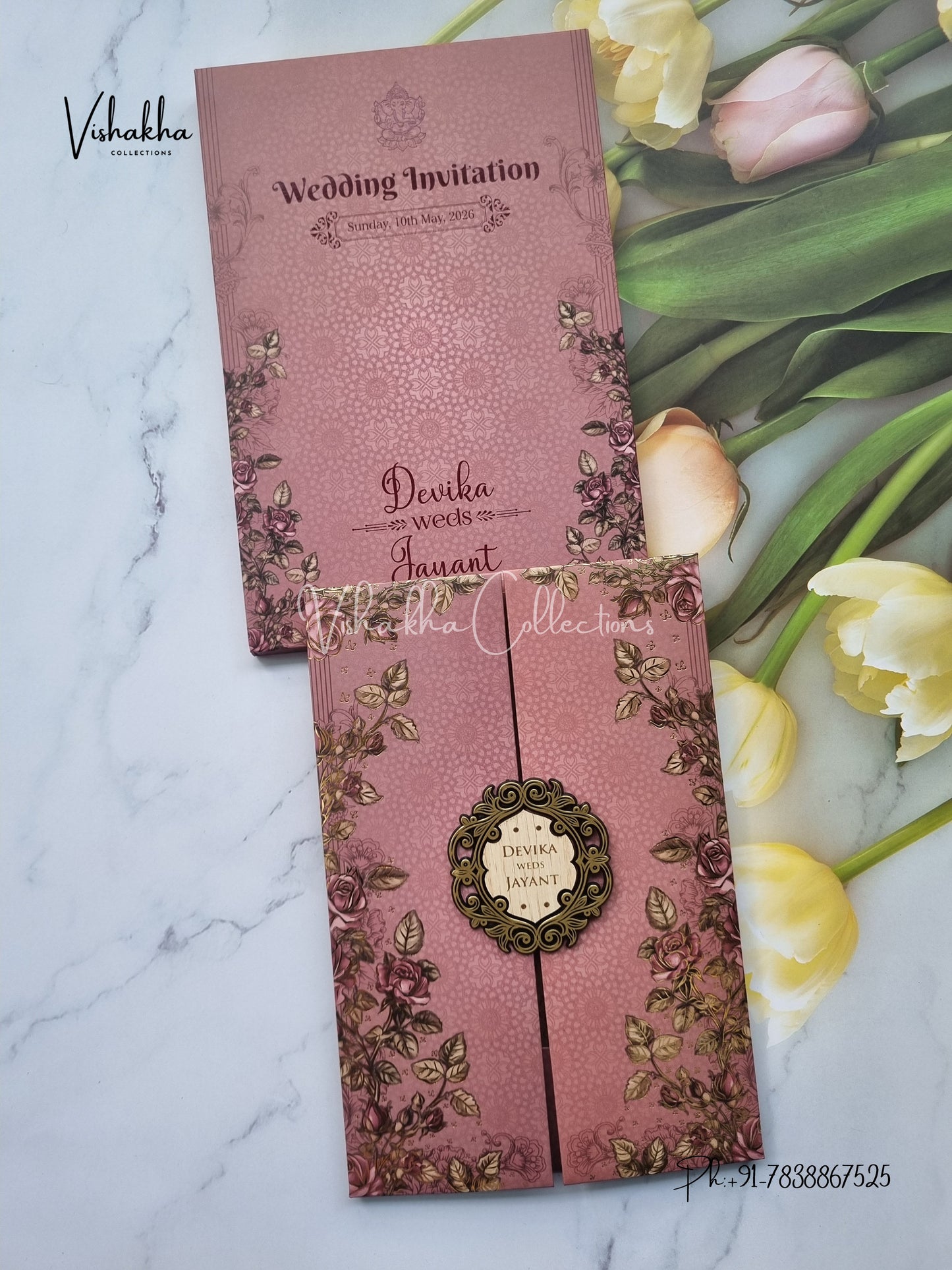 Flower Double Door Hindu Muslim Christian Sikh Padded invitation Cards VN-741