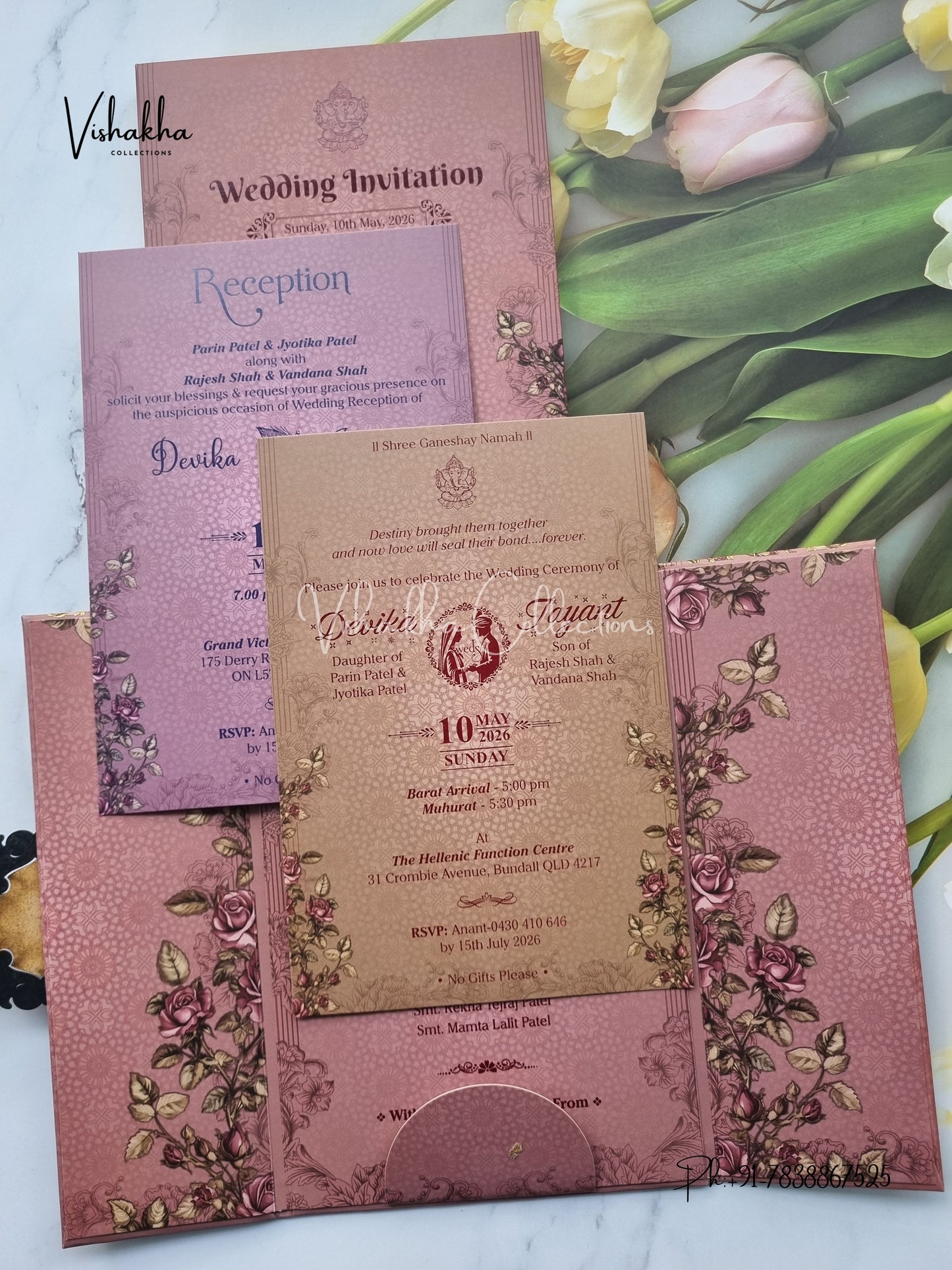 Flower Double Door Hindu Muslim Christian Sikh Padded invitation Cards VN-741