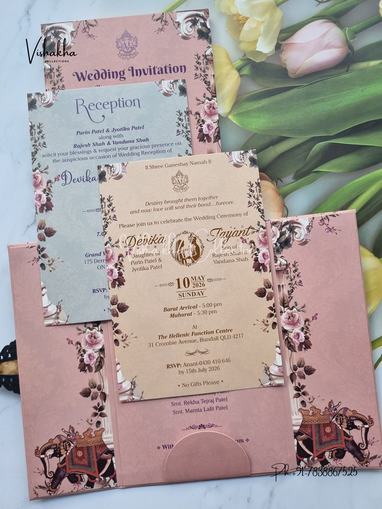 Hathi Double Door Hindu Sikh Padded invitation Cards VN-743