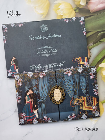 Hathi Dulah Dulhan Double Door Hindu Sikh Padded invitation Cards VN-744
