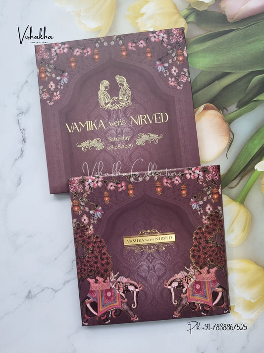 Hathi Flower Hindu Muslim Christian Sikh Padded invitation Cards VN-750