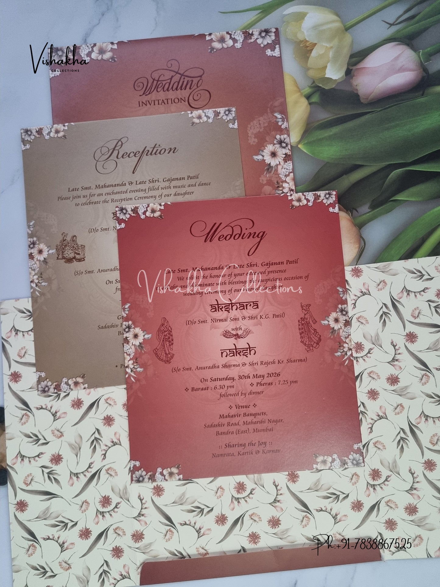 Flower Double Door Hindu Muslim Christian Sikh invitation Cards VN-760