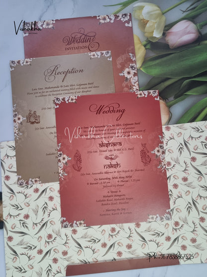 Flower Double Door Hindu Muslim Christian Sikh invitation Cards VN-760