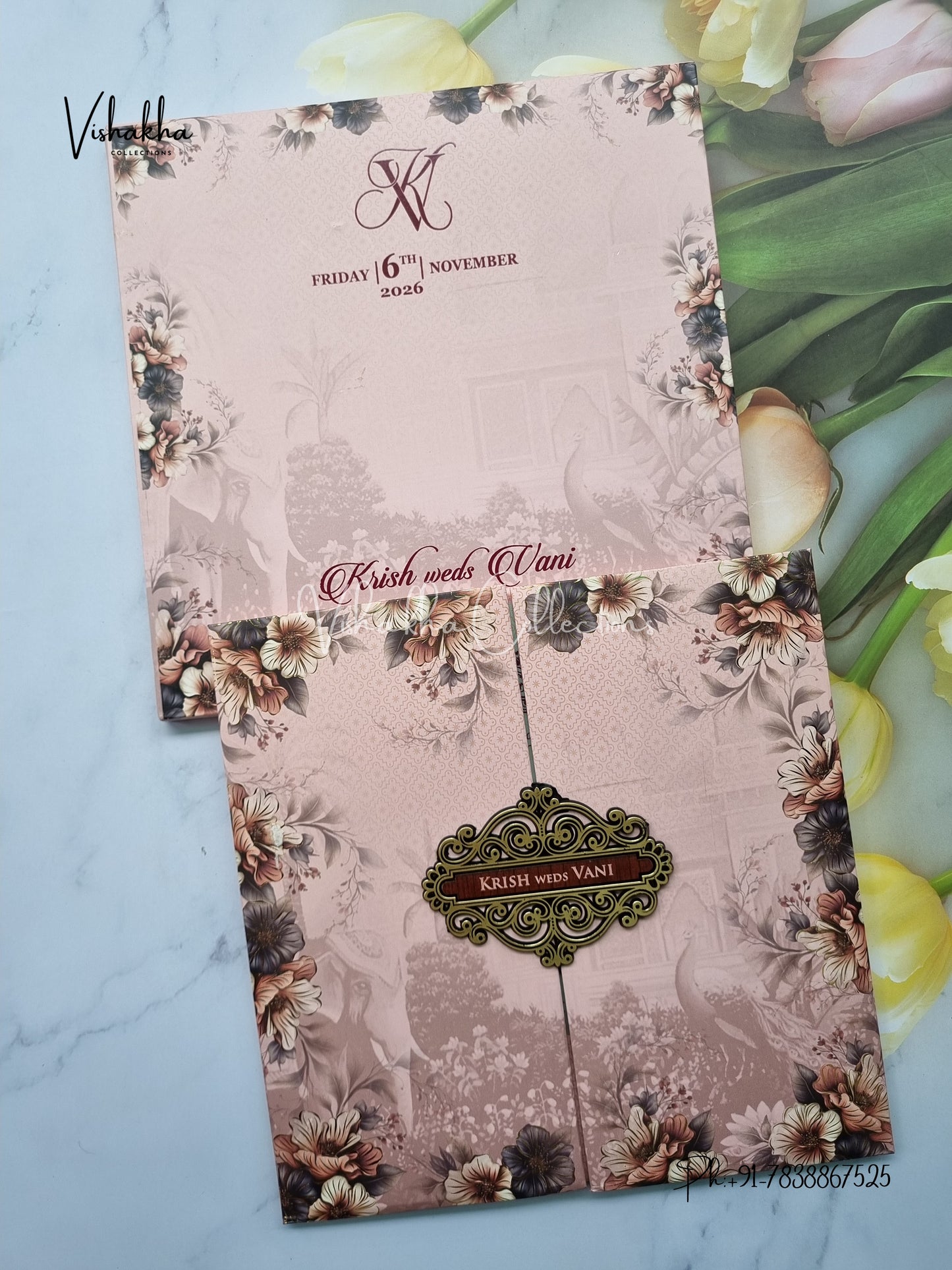 Flower Double Door Hindu Muslim Christian Sikh Padded invitation Cards VN-765