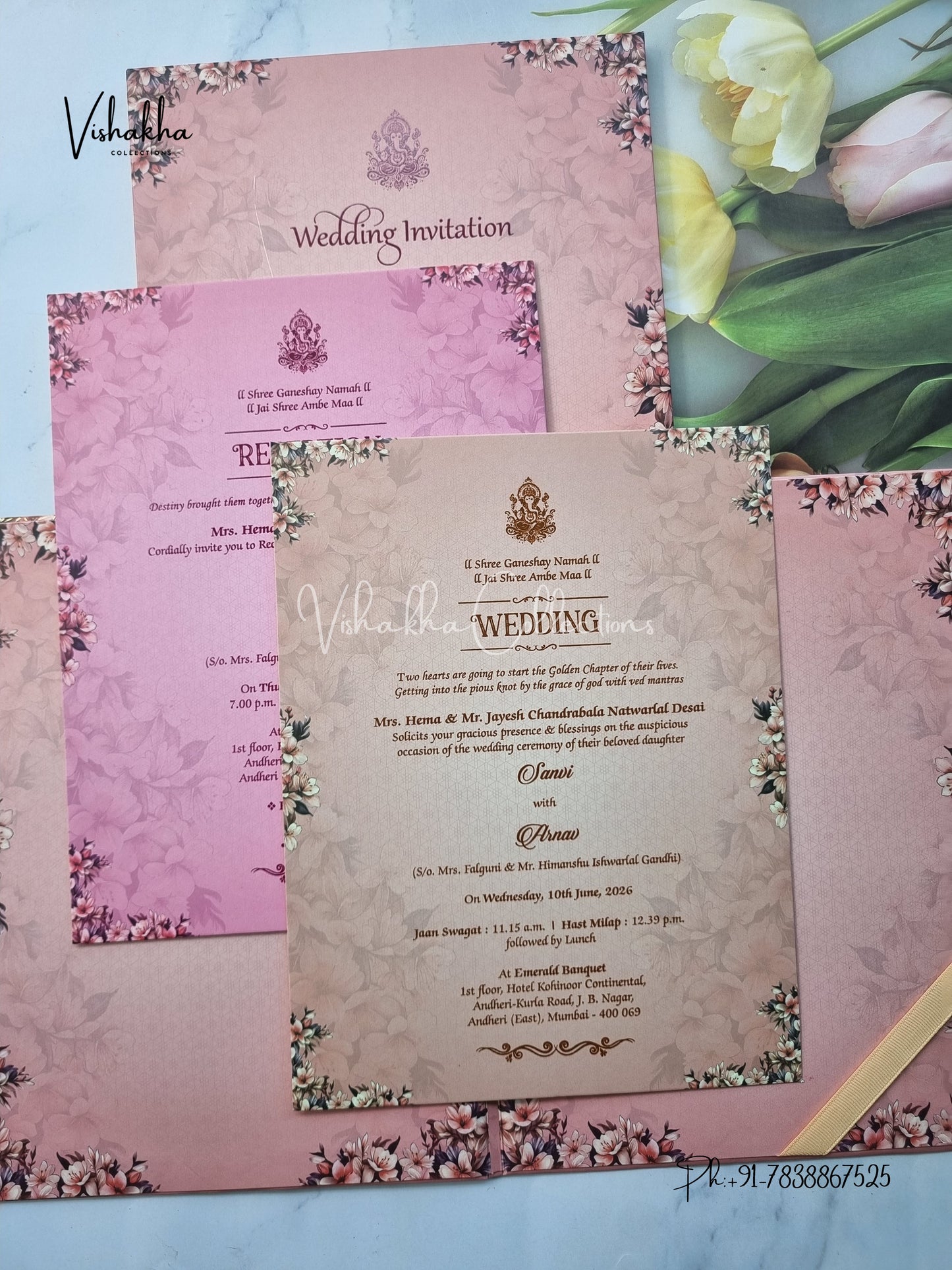 Flower Hindu Muslim Christian Sikh Padded invitation Cards VN-767