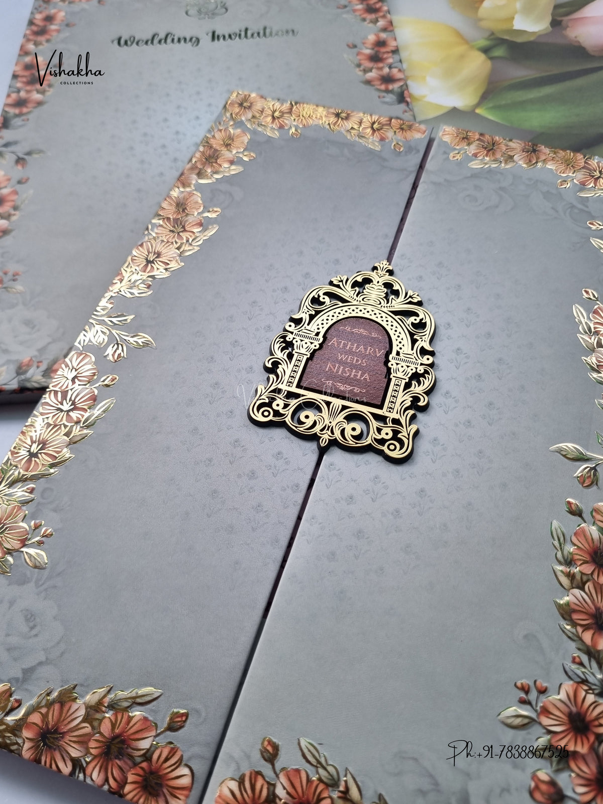 Semi Box Padded Double Door Flower Hindu Muslim Christian Sikh Jain invitation Cards VN-777 – image 2