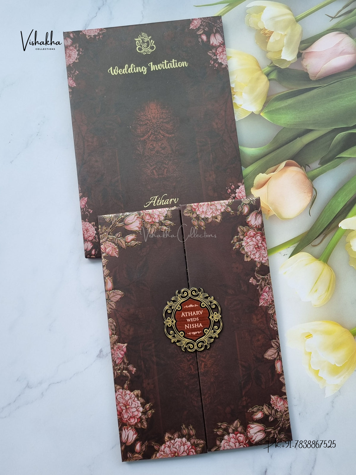 Semi Box Padded Double Door Flower Hindu Muslim Christian Sikh Jain invitation Cards VN-778 – image 1