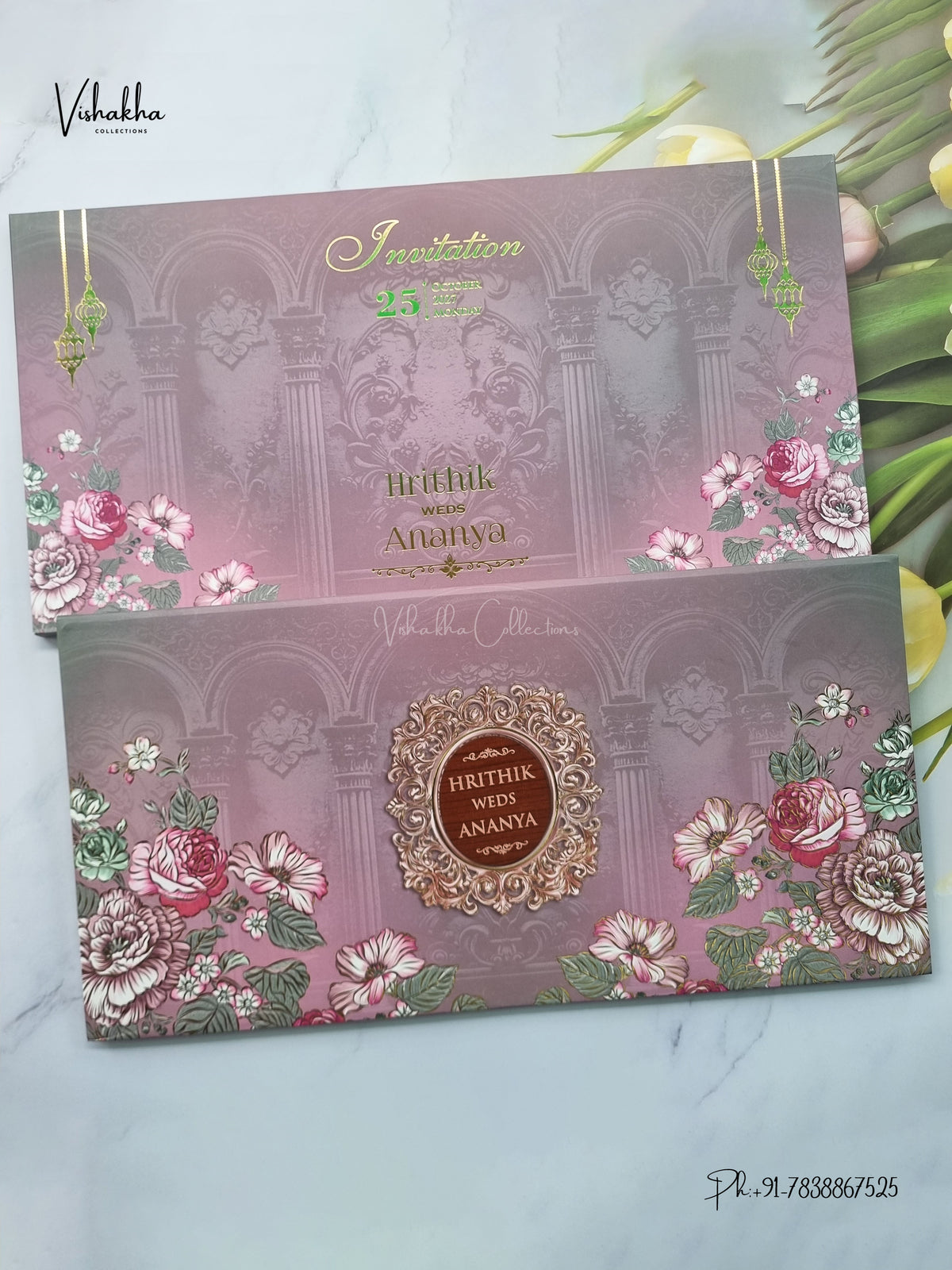 Semi Box Padded Flower Hindu Muslim Christian Sikh Jain invitation Cards VN-781 – image 1