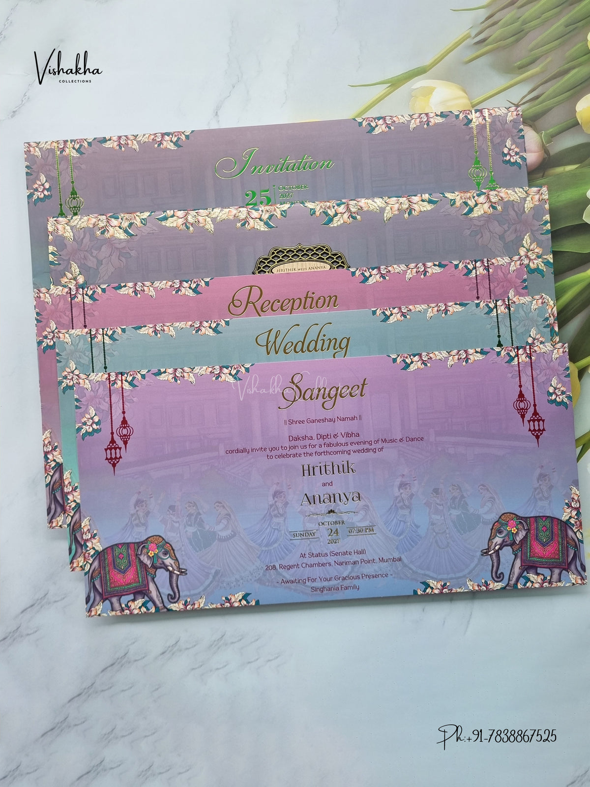 Semi Box Padded Hathi Hindu Muslim Christian Sikh Jain invitation Cards VN-782 – image 3
