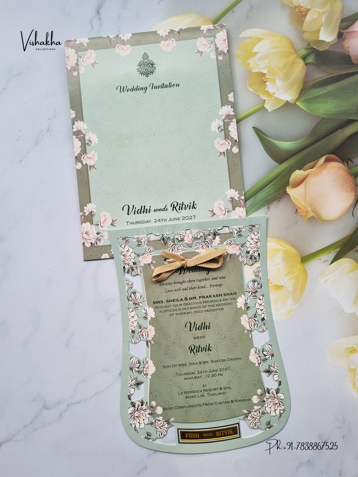 Ribbon Flower Hindu Muslim Christian Sikh Jain invitation Cards VN-783 – image 1