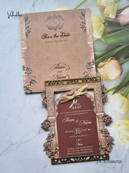 Semi Box MDF Board Laser Cut Flower Hindu Muslim Christian Sikh Jain invitation Cards VN-785 – image 1