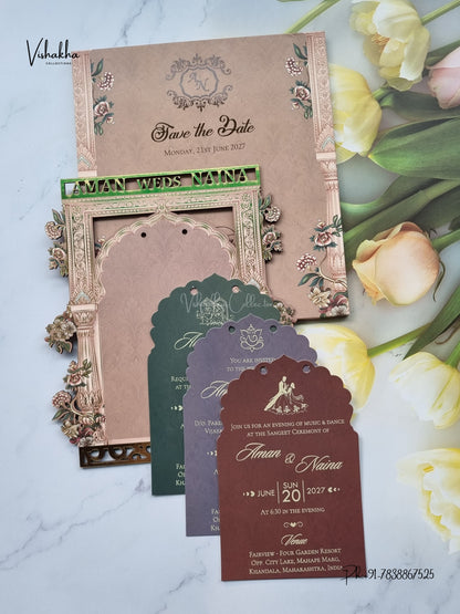Semi Box MDF Board Laser Cut Flower Hindu Muslim Christian Sikh Jain invitation Cards VN-785 – image 3