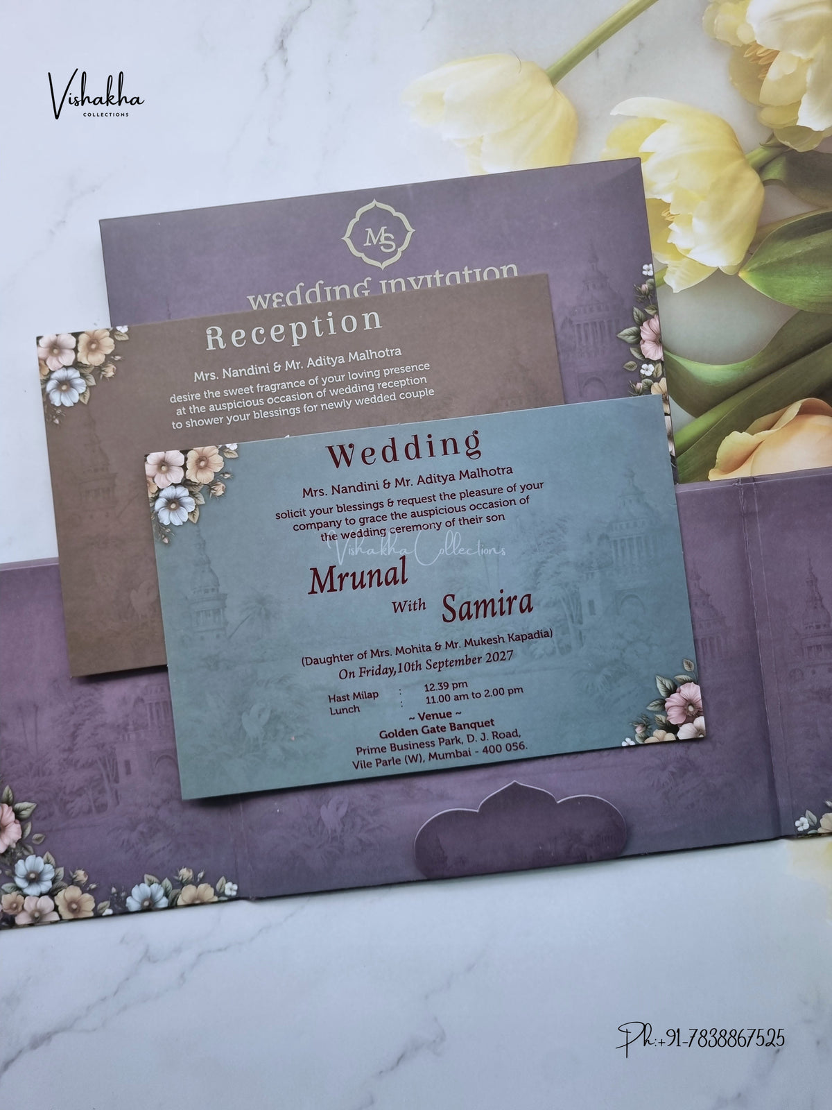 Semi Box Padded Double Door Flower Hindu Muslim Christian Sikh Jain invitation Cards VN-786 – image 3