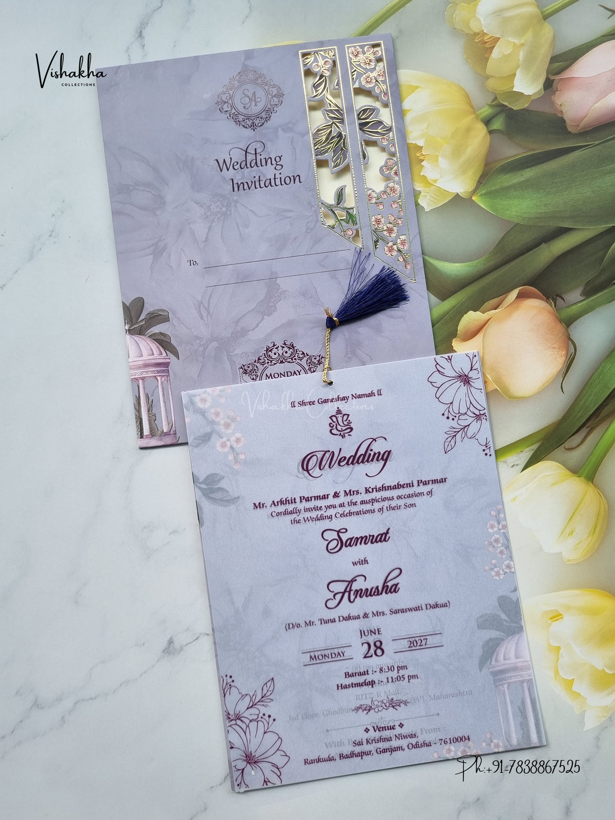 Ribbon Flower Hindu Muslim Christian Sikh Jain invitation Cards VN-787 – image 1